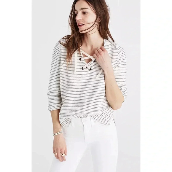 Madewell Striped Lace Up Top Size Medium - Picture 1 of 12